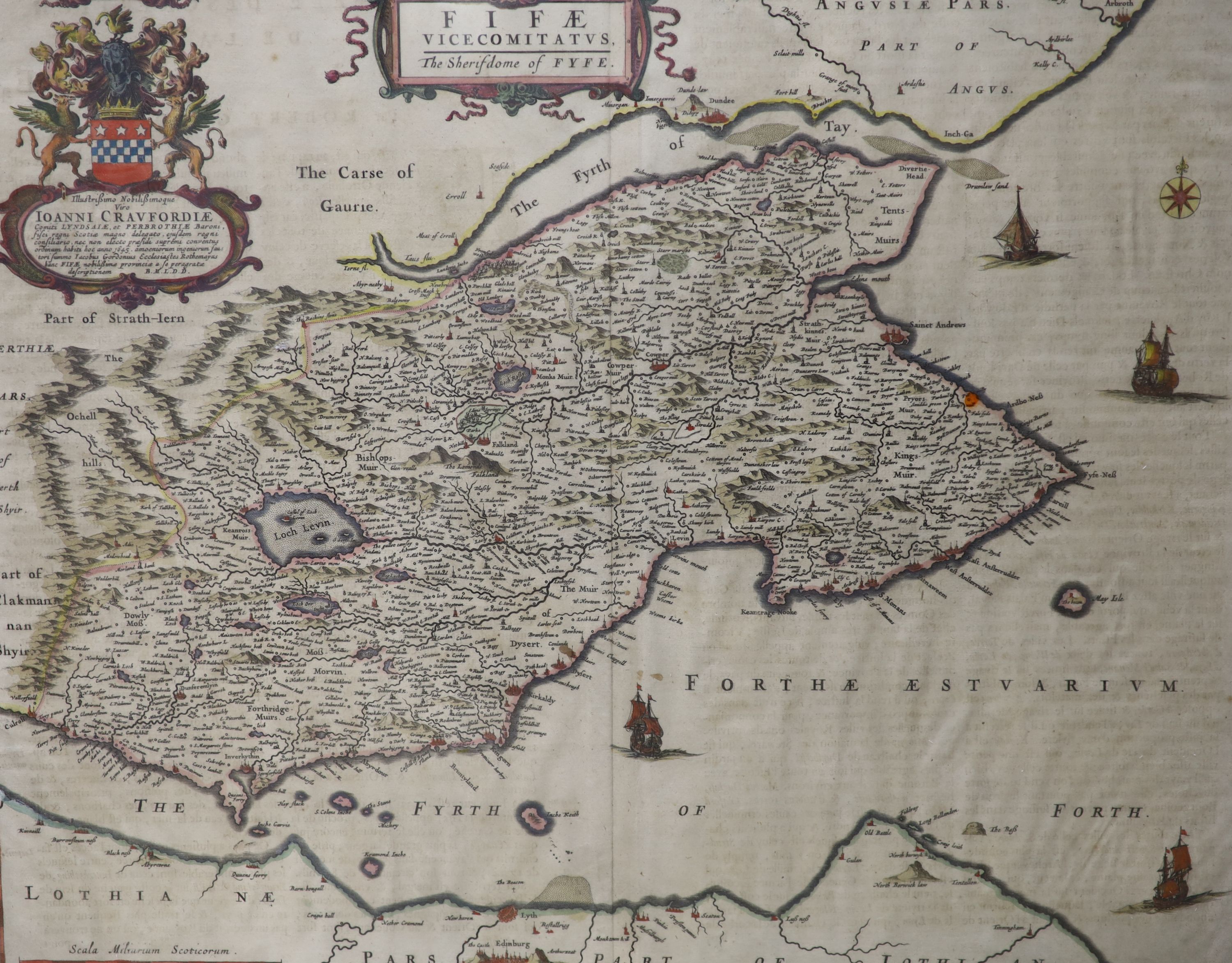 Johannes Blaeu, coloured engraving, Map of Fife, 'Fifae vicecomitatus', printed in French verso, overall 52 x 60cm